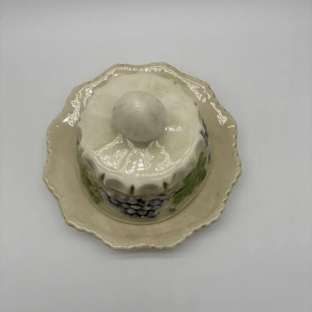 Vintage Cheese And/Or Butter Dish. Cream Color W/ Grapes & Leaves 2 Piece.